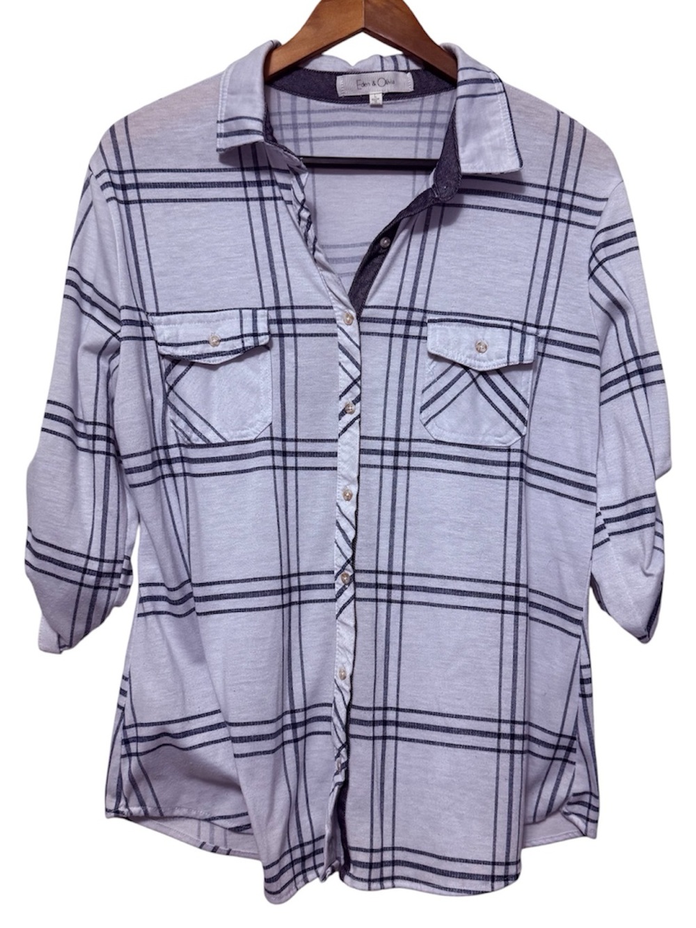 Eden & Olivia Relaxed Plaid Button-Up Shirt Women’s Large Convertible Sleeves